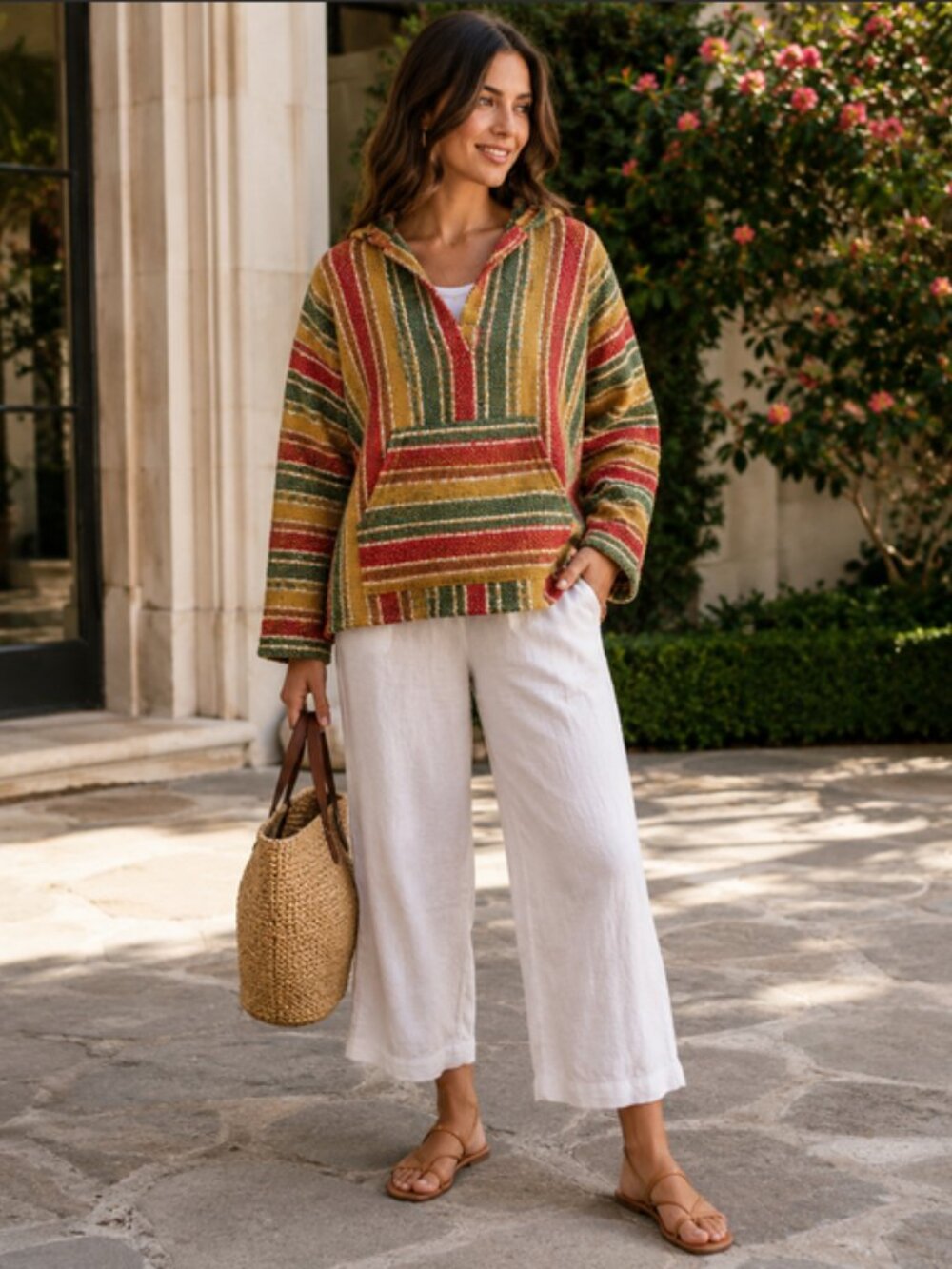 🌵Artisan Woven Baja Hoodie – Gold, Olive & Red Serape Pullover | L